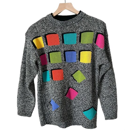 Vintage Gitano Neon Print 80s Crew Neck Sweater Black Size Medium retro - Picture 1 of 4
